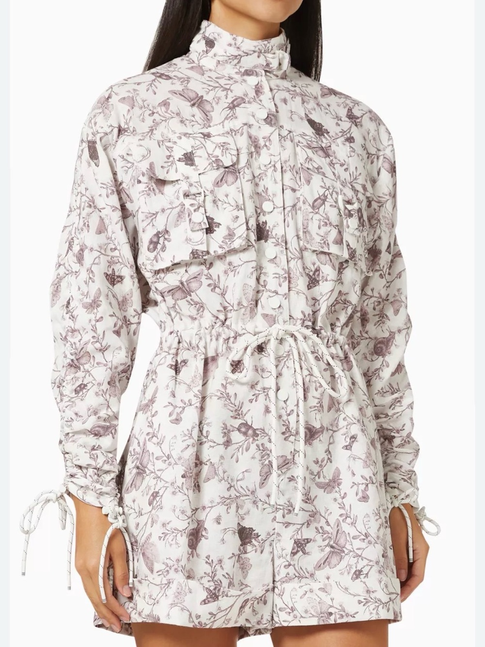 White Floral Drawstring Long-Sleeve Romper